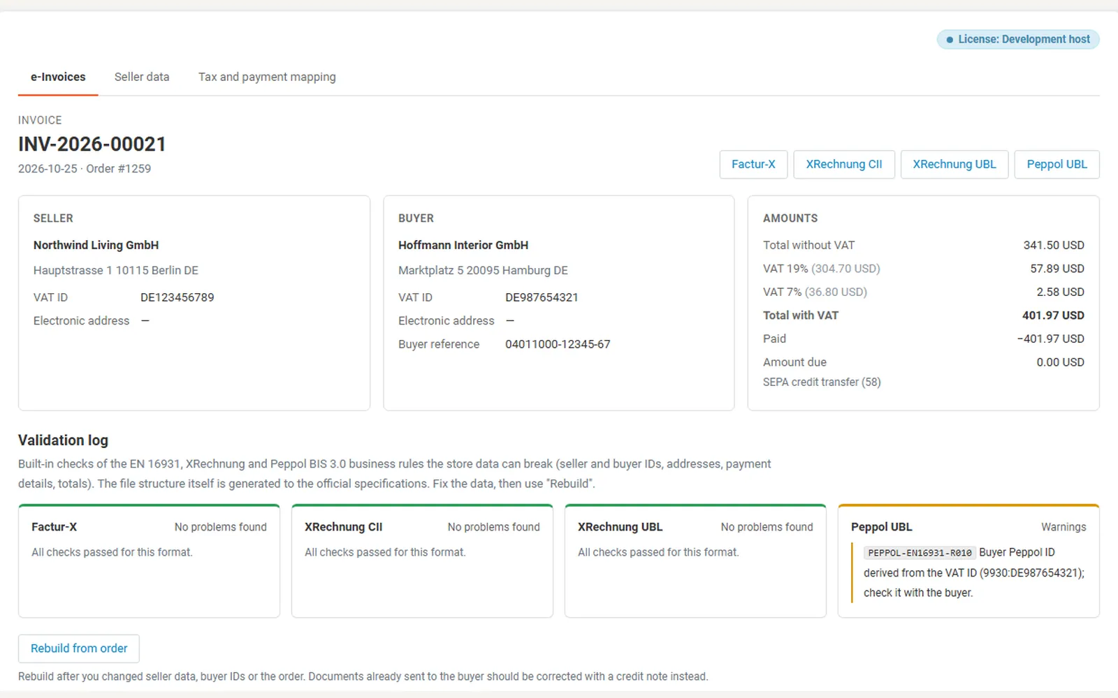 e-Invoice page: four downloads, seller / buyer / amounts and the validation log per format.