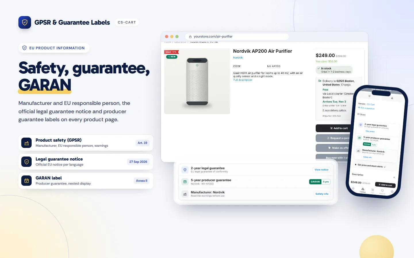 Product page card: legal guarantee, GARAN producer guarantee and manufacturer, on desktop and phone.