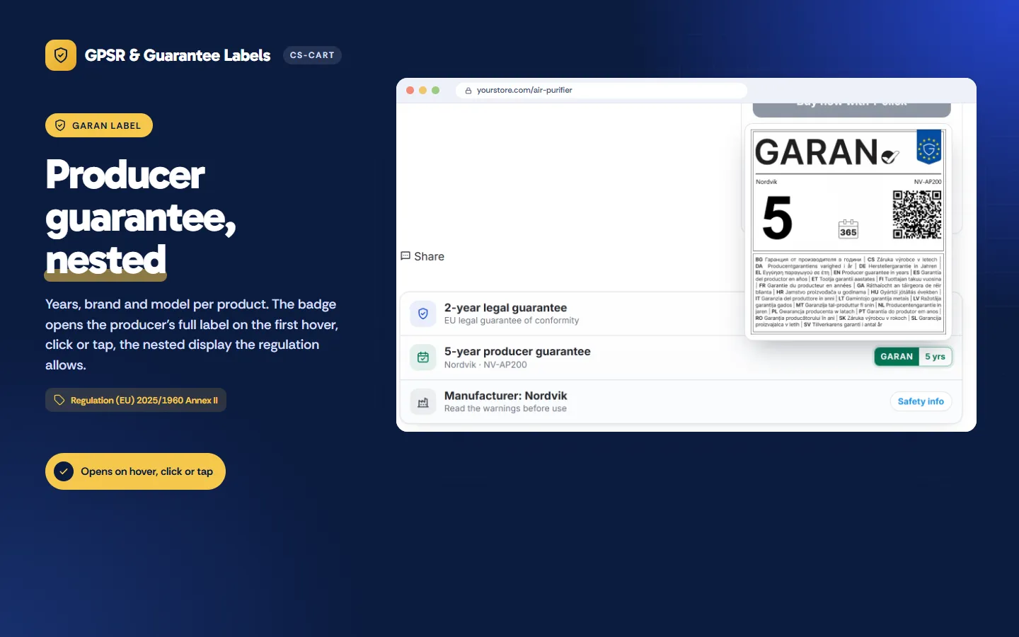 GARAN badge: the producer’s full label opens on the first hover, click or tap.