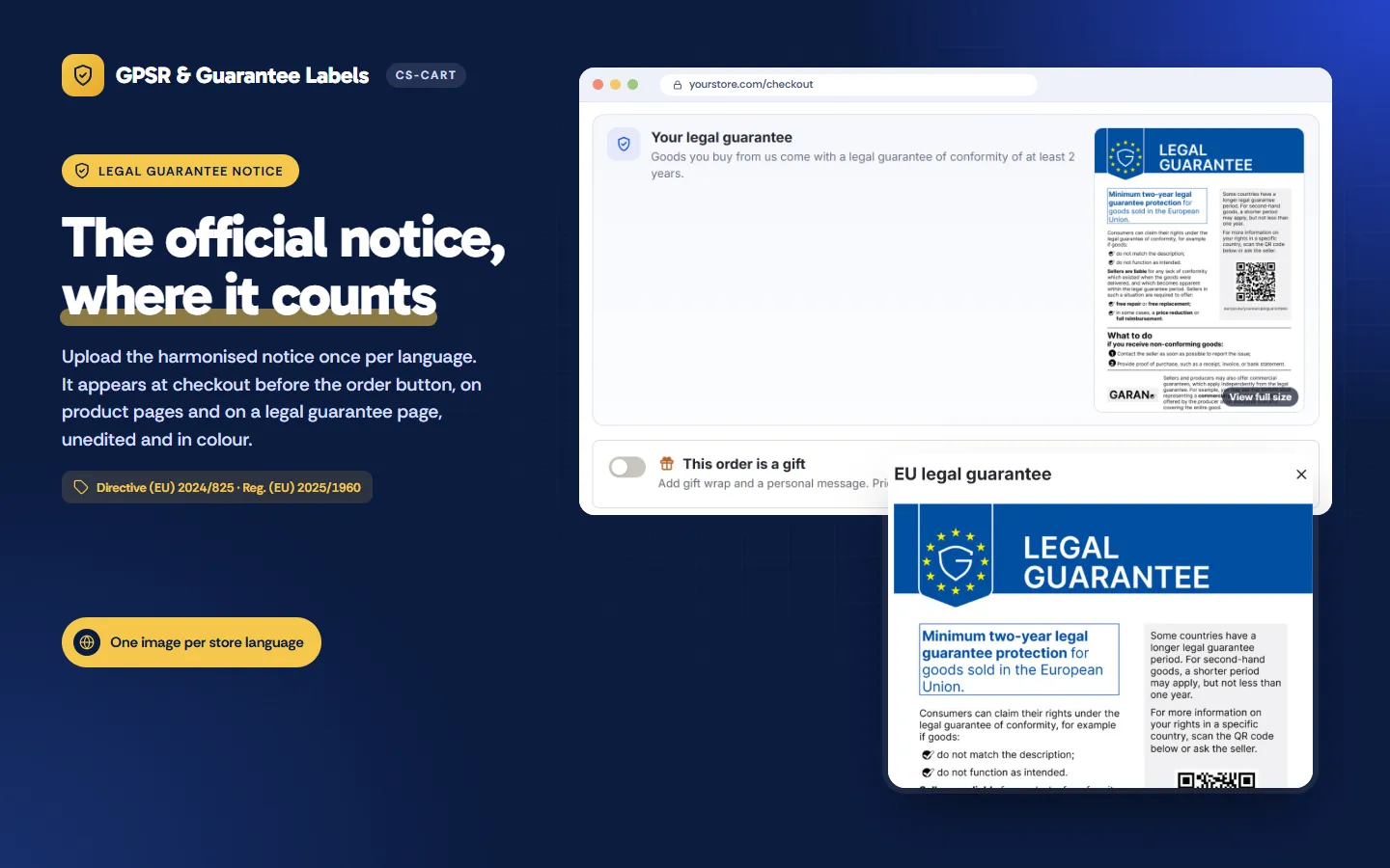 The official EU legal guarantee notice at checkout and in a dialog.