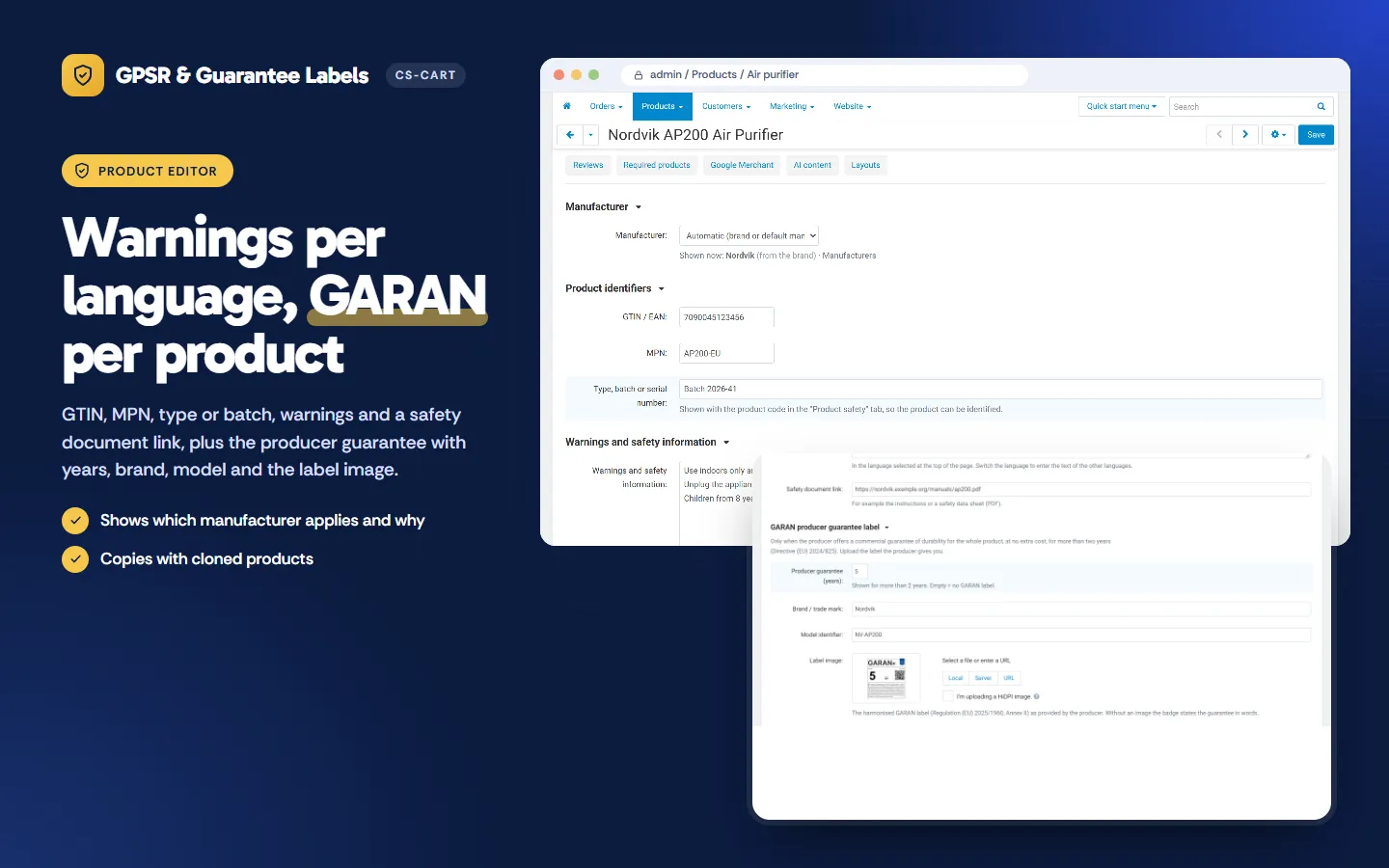 Product editor tab: identifiers, warnings per language and the GARAN label.
