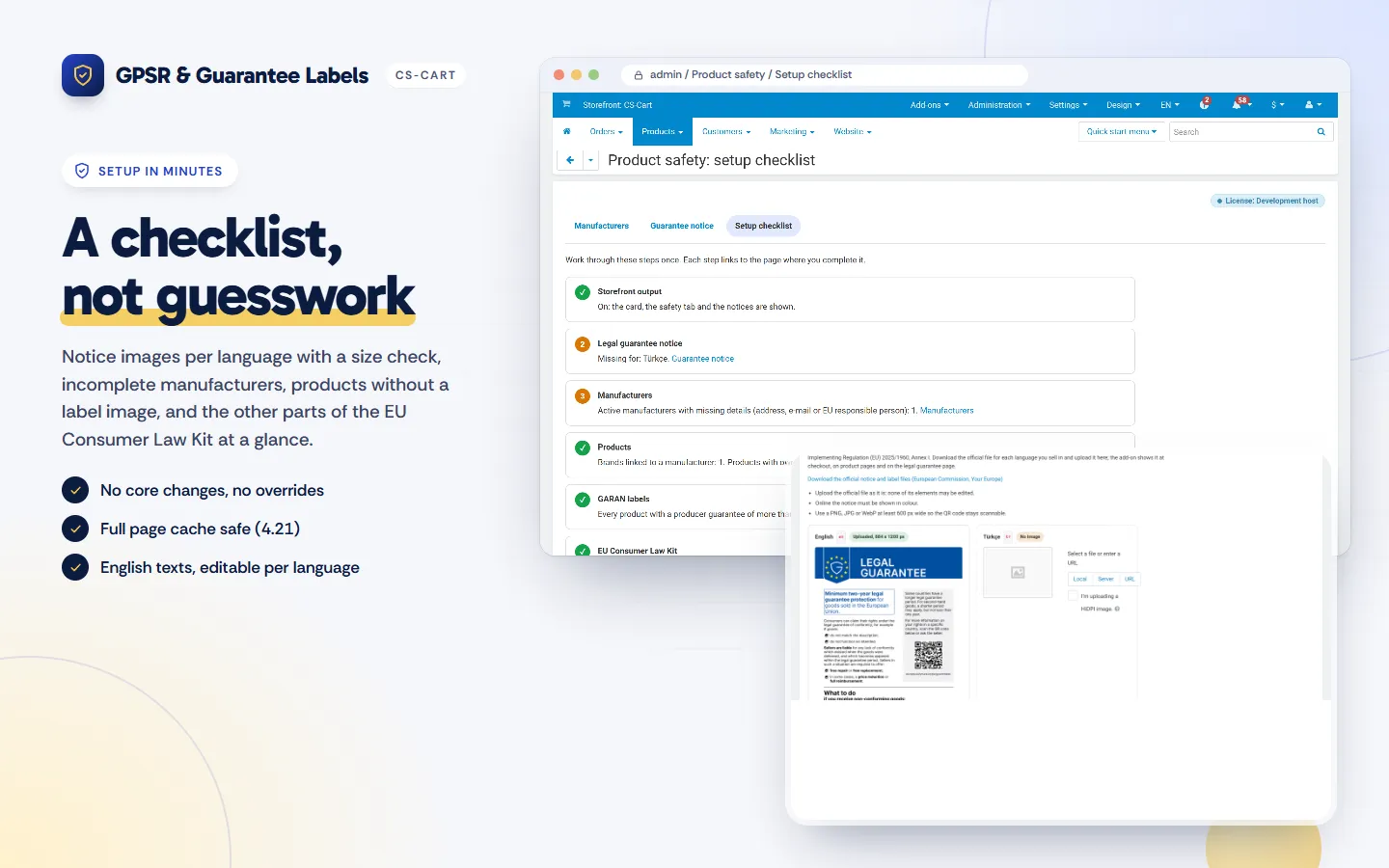 Setup checklist and the notice image per language.