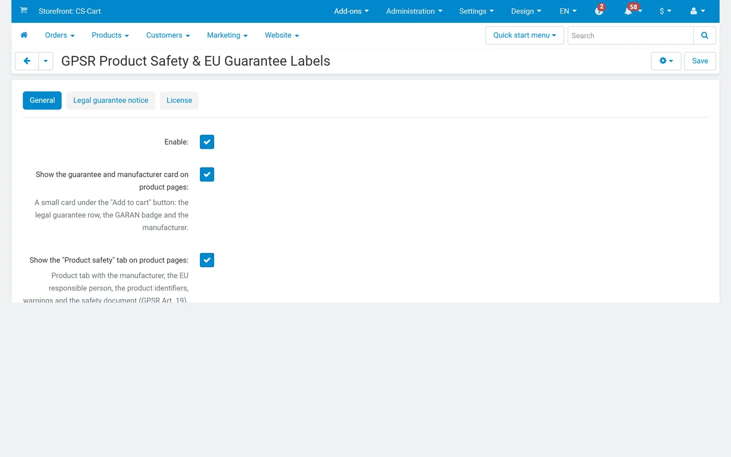 Add-on settings with the license card.