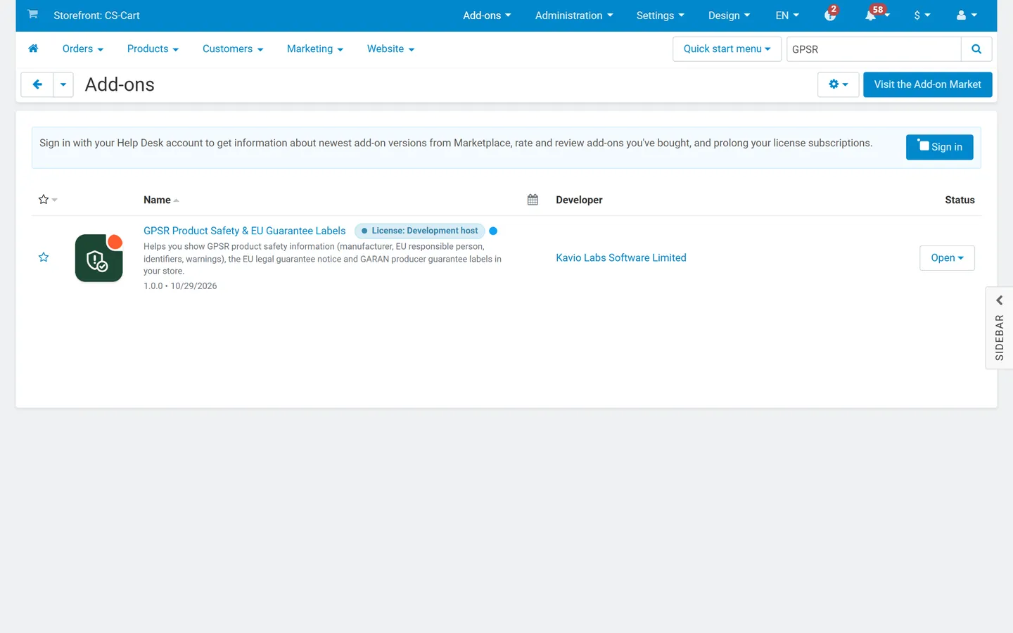 Add-ons list filtered for the add-on (CS-Cart 4.17.2).