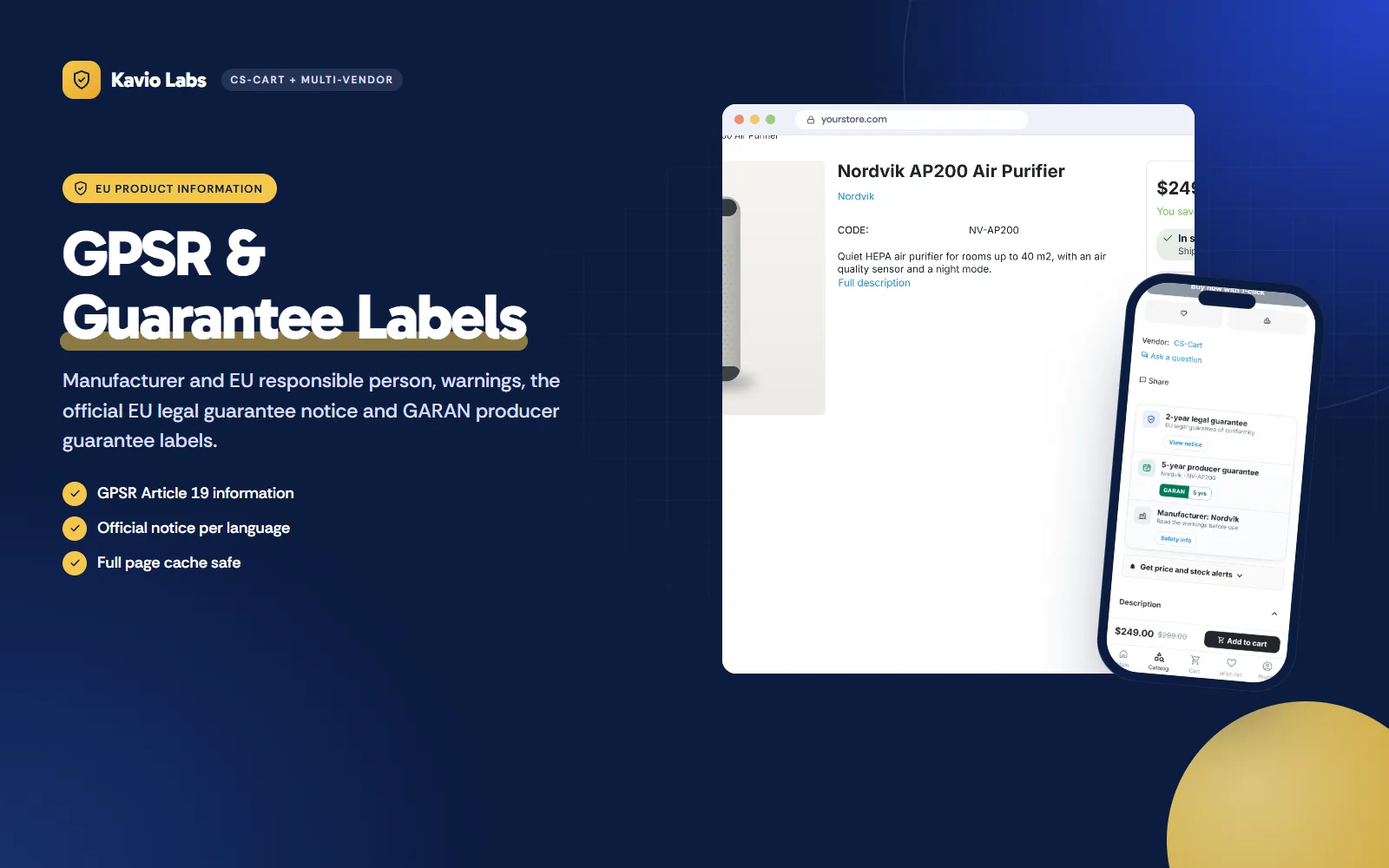 GPSR product safety, the EU legal guarantee notice and GARAN labels on the product page.