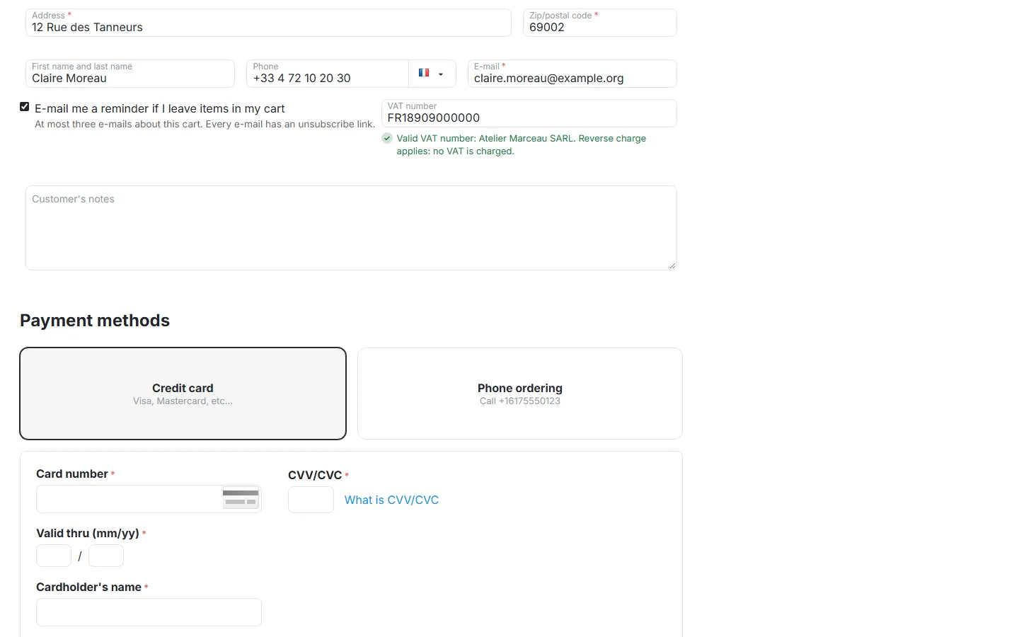 Checkout customer section: VAT number field, “Valid VAT number: Atelier Marceau SARL. Reverse charge applies”.