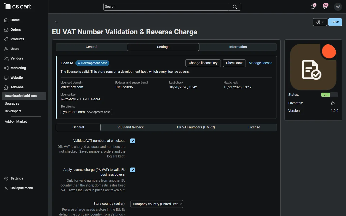 Add-on settings with the licence card.