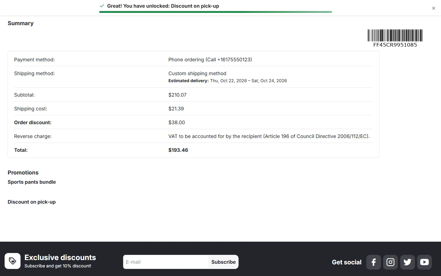 Storefront order details: reverse charge note before the total.
