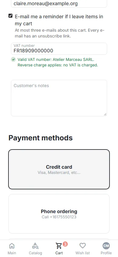 Mobile checkout: VAT number field with the result (390 px).