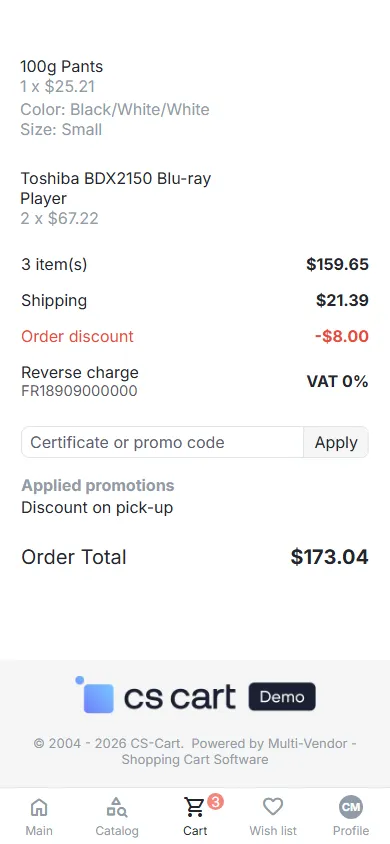 Mobile checkout summary with the reverse charge line (390 px).