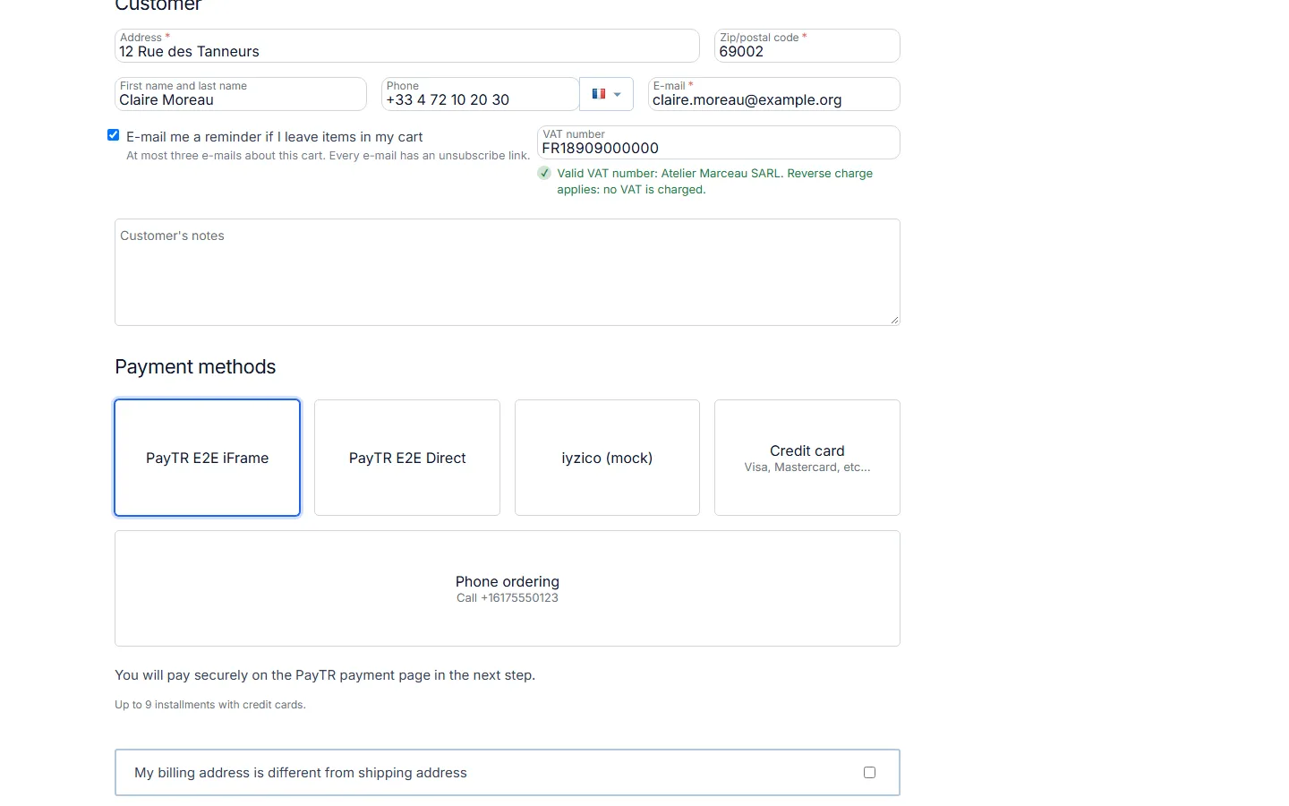 CS-Cart 4.17 checkout with the VAT number field and the VIES result.