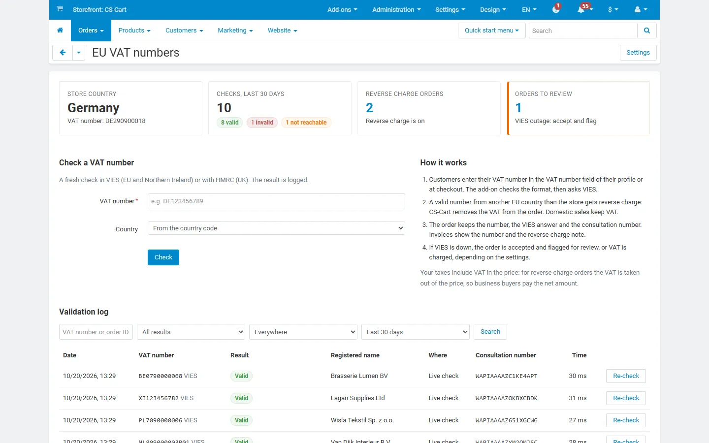 CS-Cart 4.17 admin: EU VAT numbers page in the light back office.