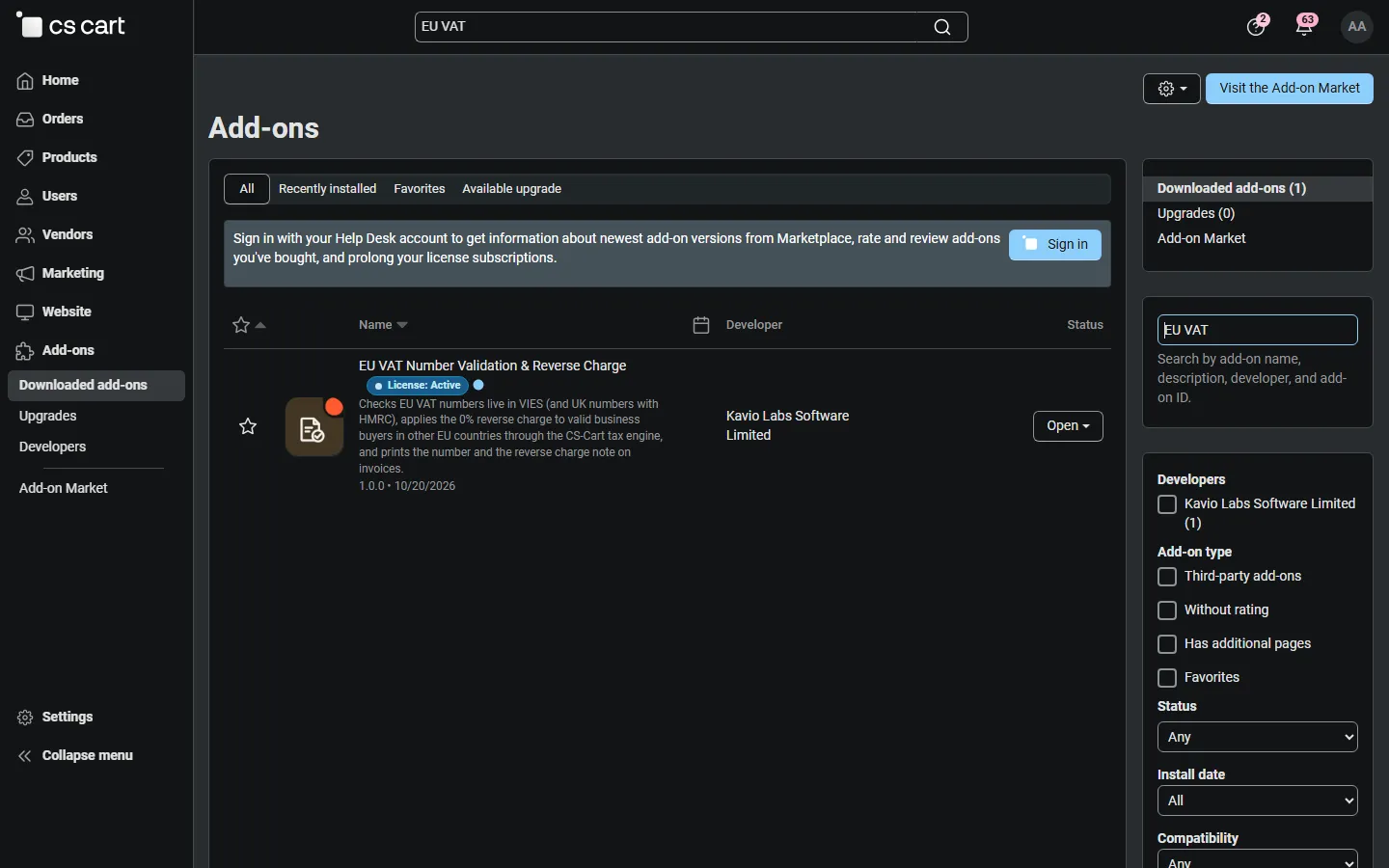 Add-ons list: EU VAT Number Validation & Reverse Charge with its icon.