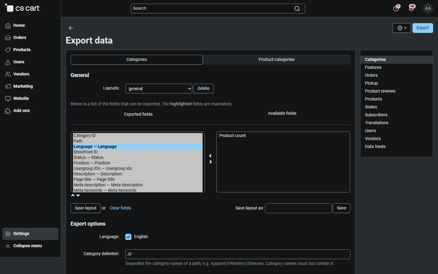 Export page