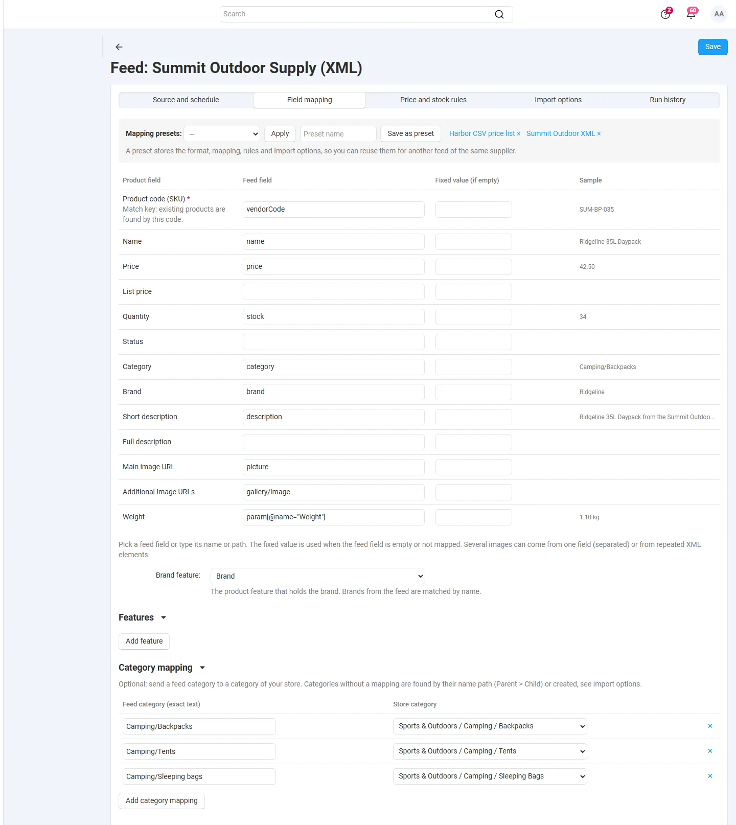 Field mapping with feed fields, fixed values, sample values, presets and the category mapping table.
