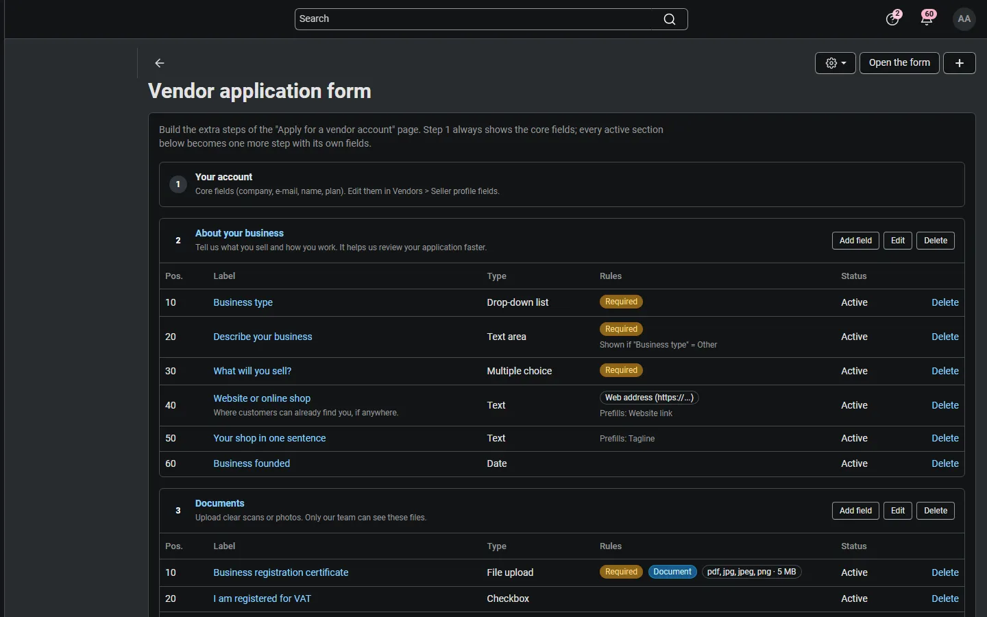 Admin: the application form builder with sections, fields and their rules