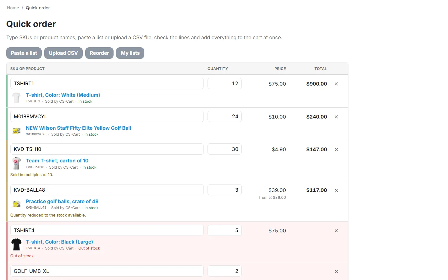 Quick order page with checked lines, a quantity corrected to the product rules and an out-of-stock line