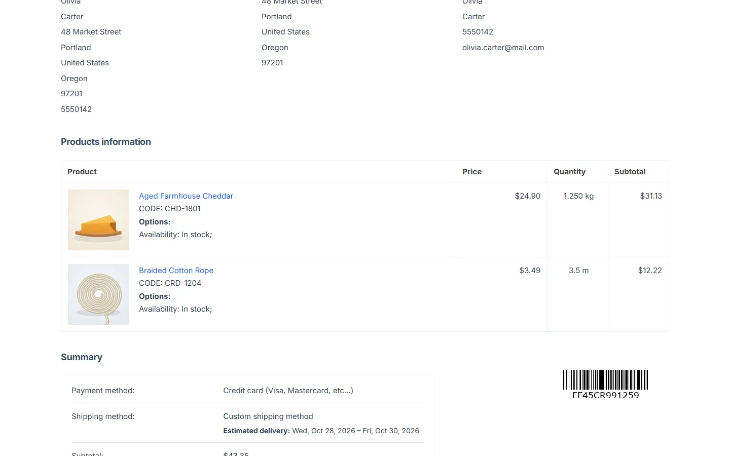 Customer order page: 1.250 kg and 3.5 m with unit prices.