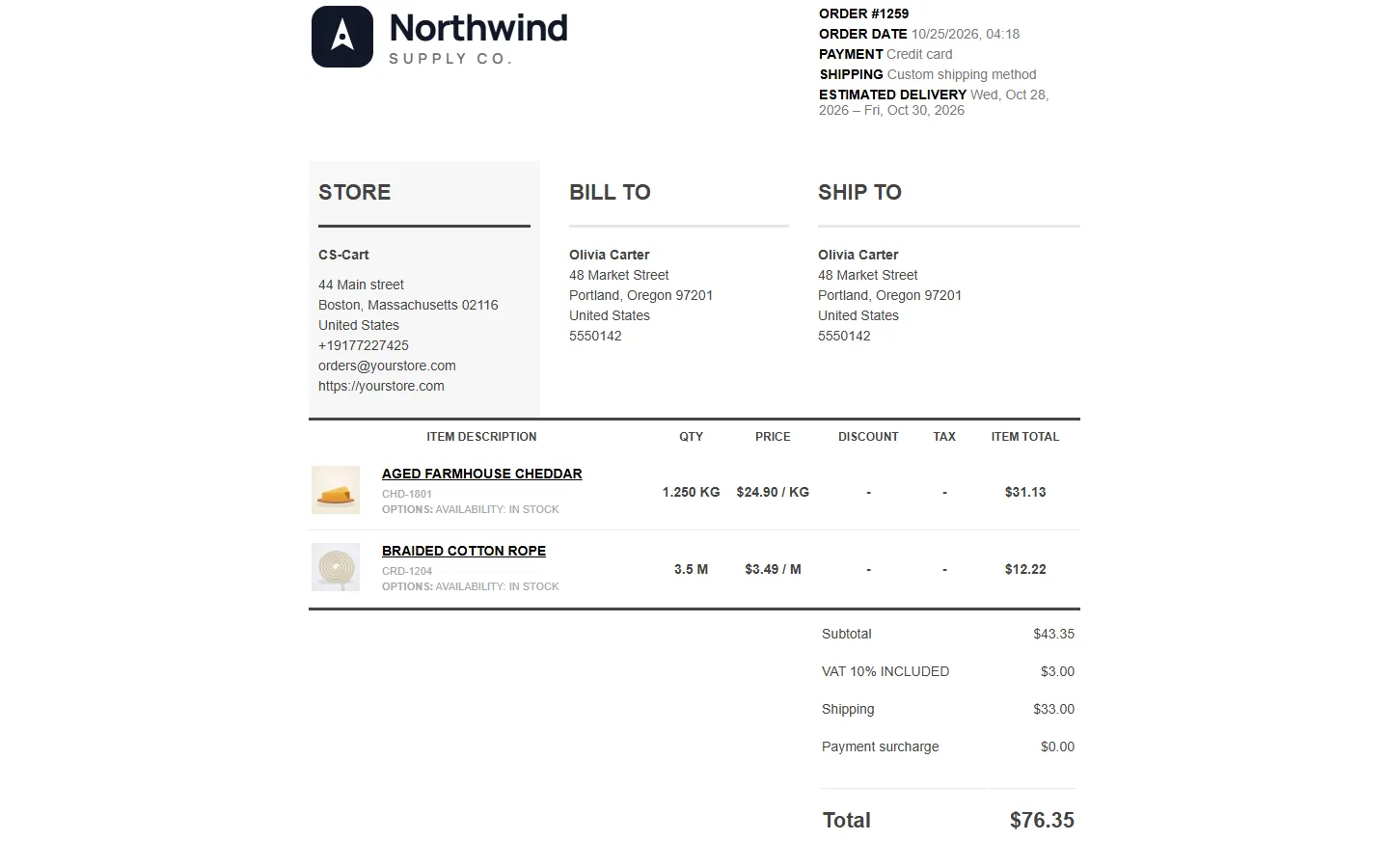 Invoice: 1.250 KG, $24.90 / KG, exact totals.