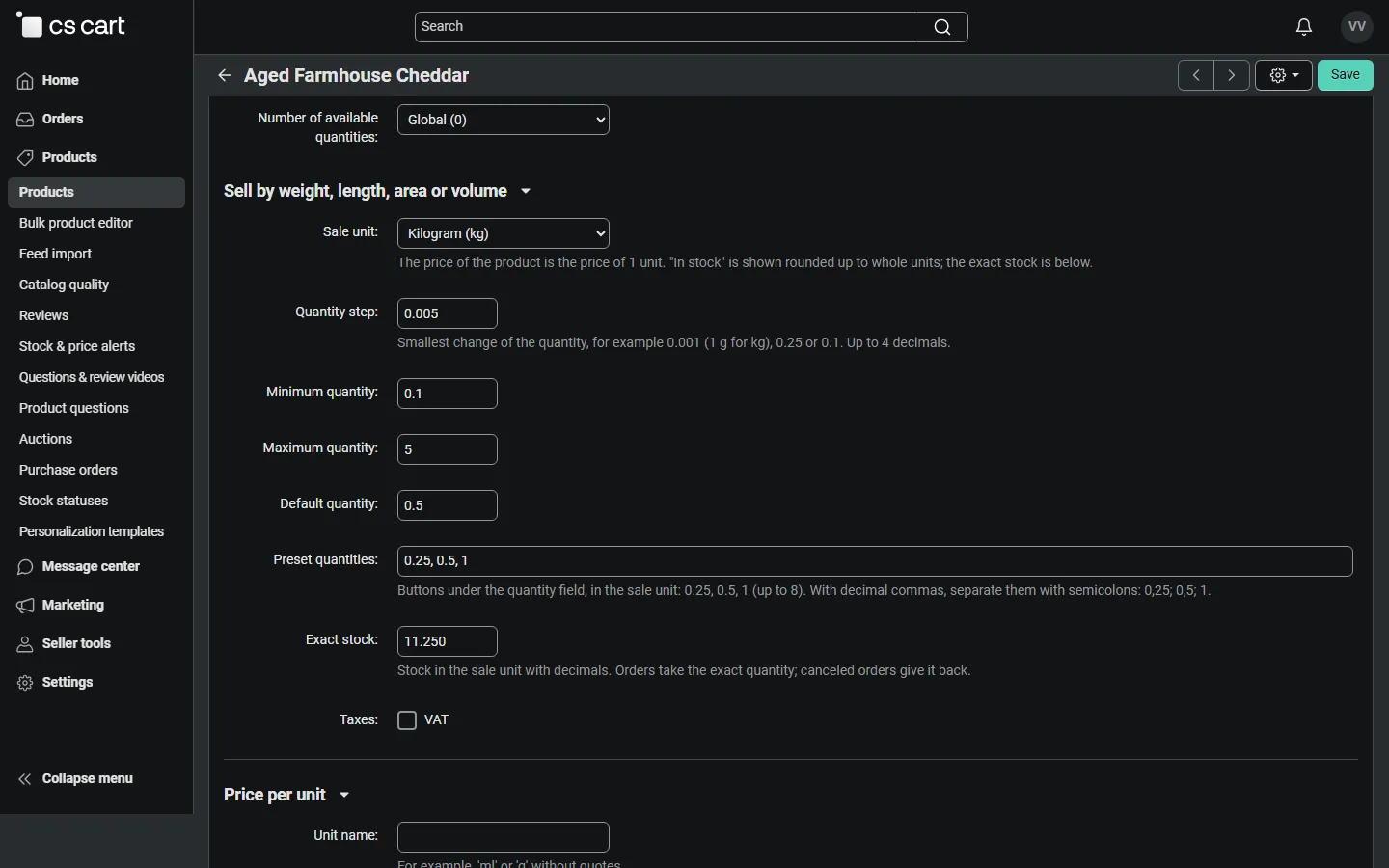 Vendor panel (mv421, dark): vendors set the units of their own products.
