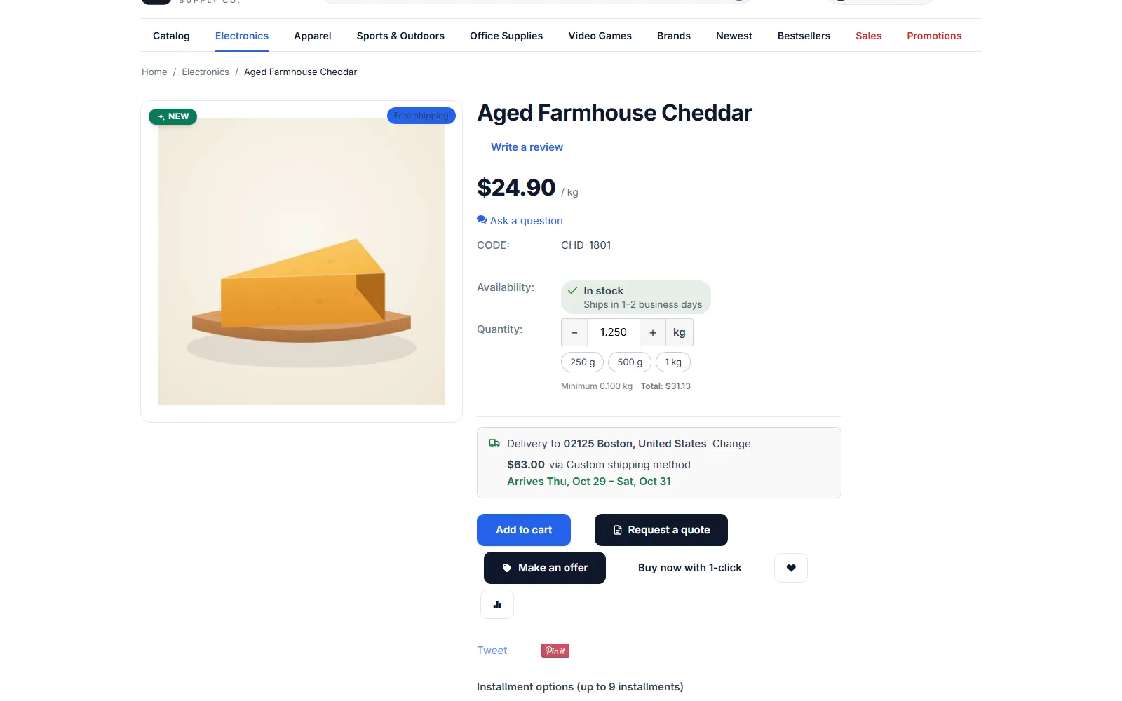 Product page: decimal quantity 1.250 kg with presets and the line total.