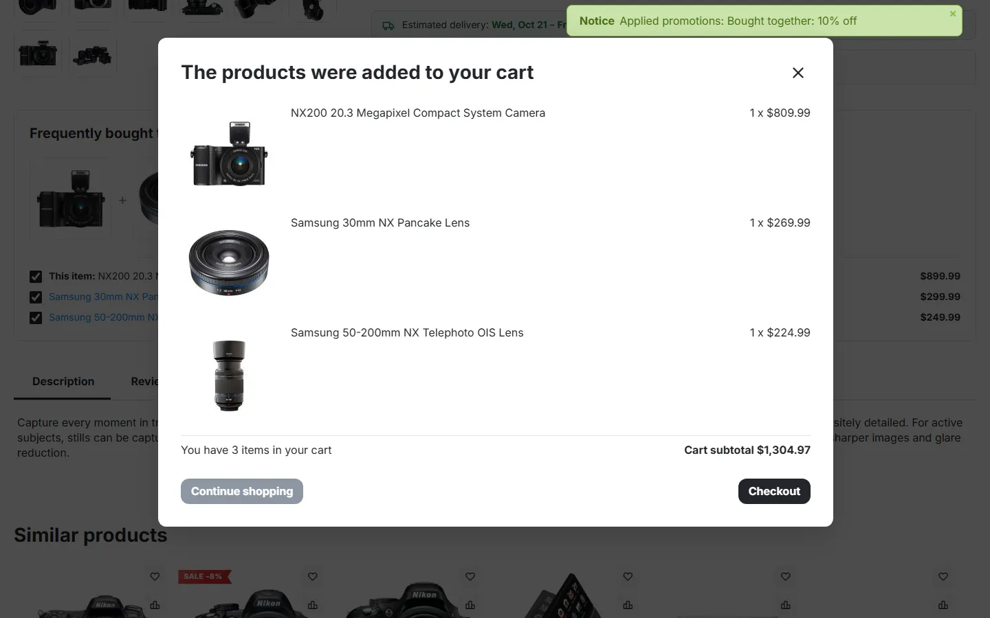 One click added all three products; the cart applies the bundle discount (core promotion).