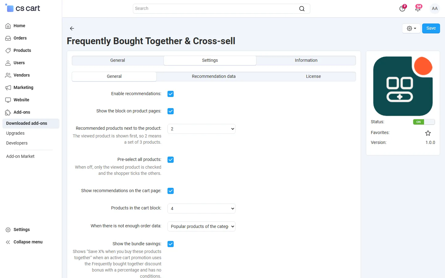 Settings, General: product and cart blocks, number of products, pre-selection, fallback, savings line.