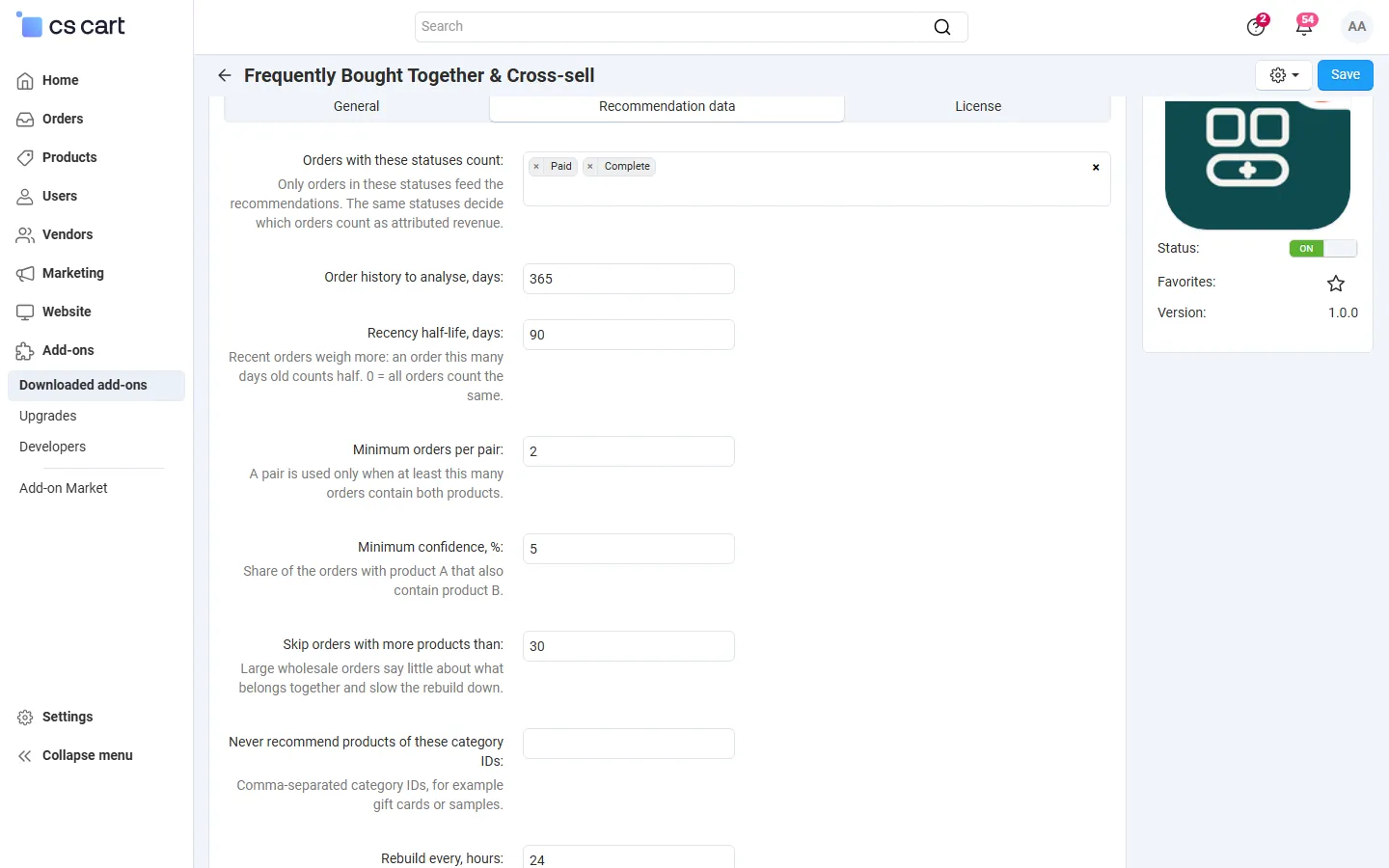 Settings, Recommendation data: order statuses, history, recency half-life, support, confidence, order size limit, excluded categories, rebuild.
