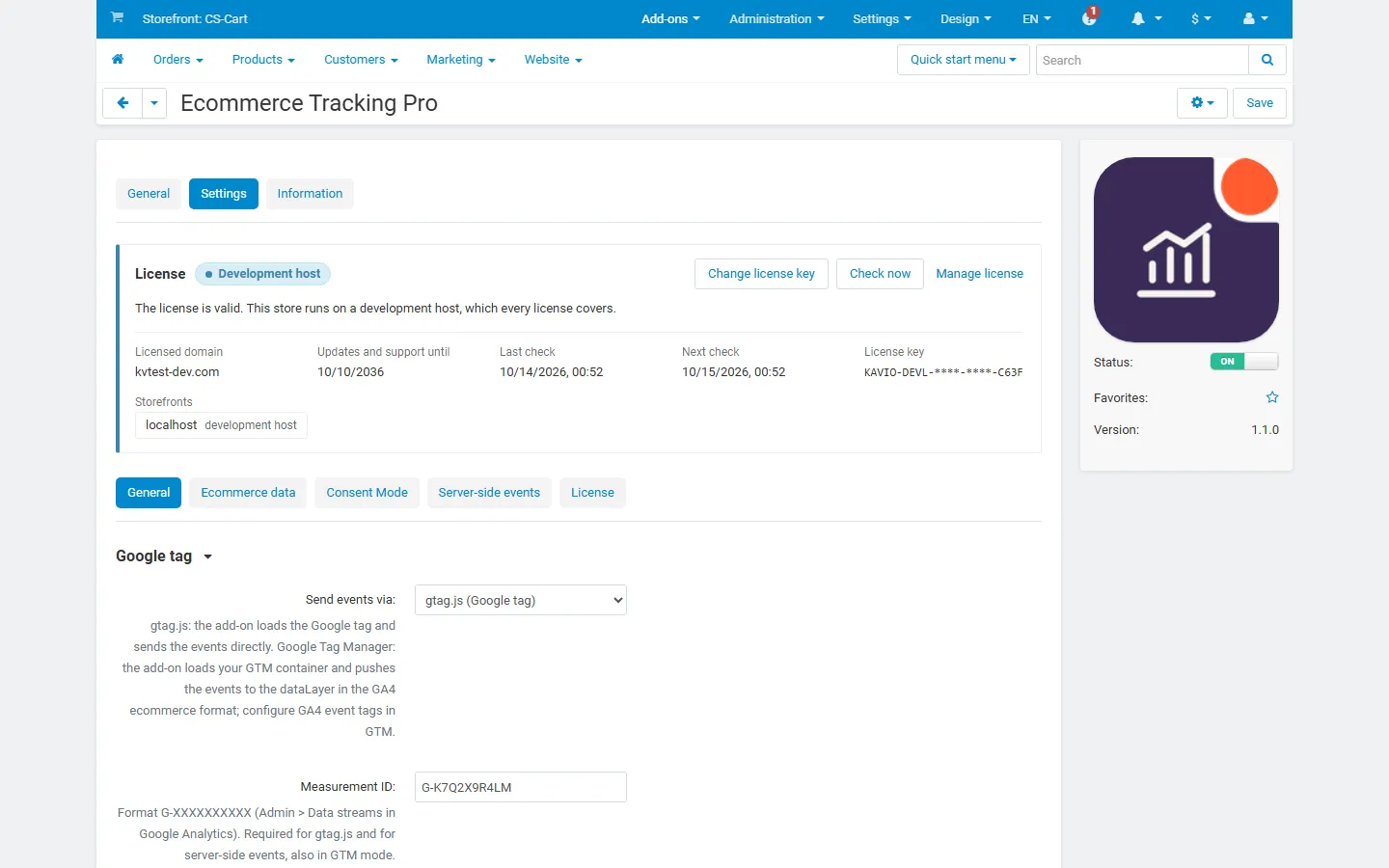 Settings, General tab: gtag.js or Google Tag Manager, Measurement ID, GTM container ID, load the tag on the storefront.