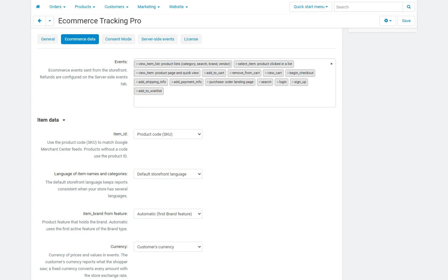 Settings, Ecommerce data tab: the 14 GA4 events to send, item_id source, item language, brand feature.