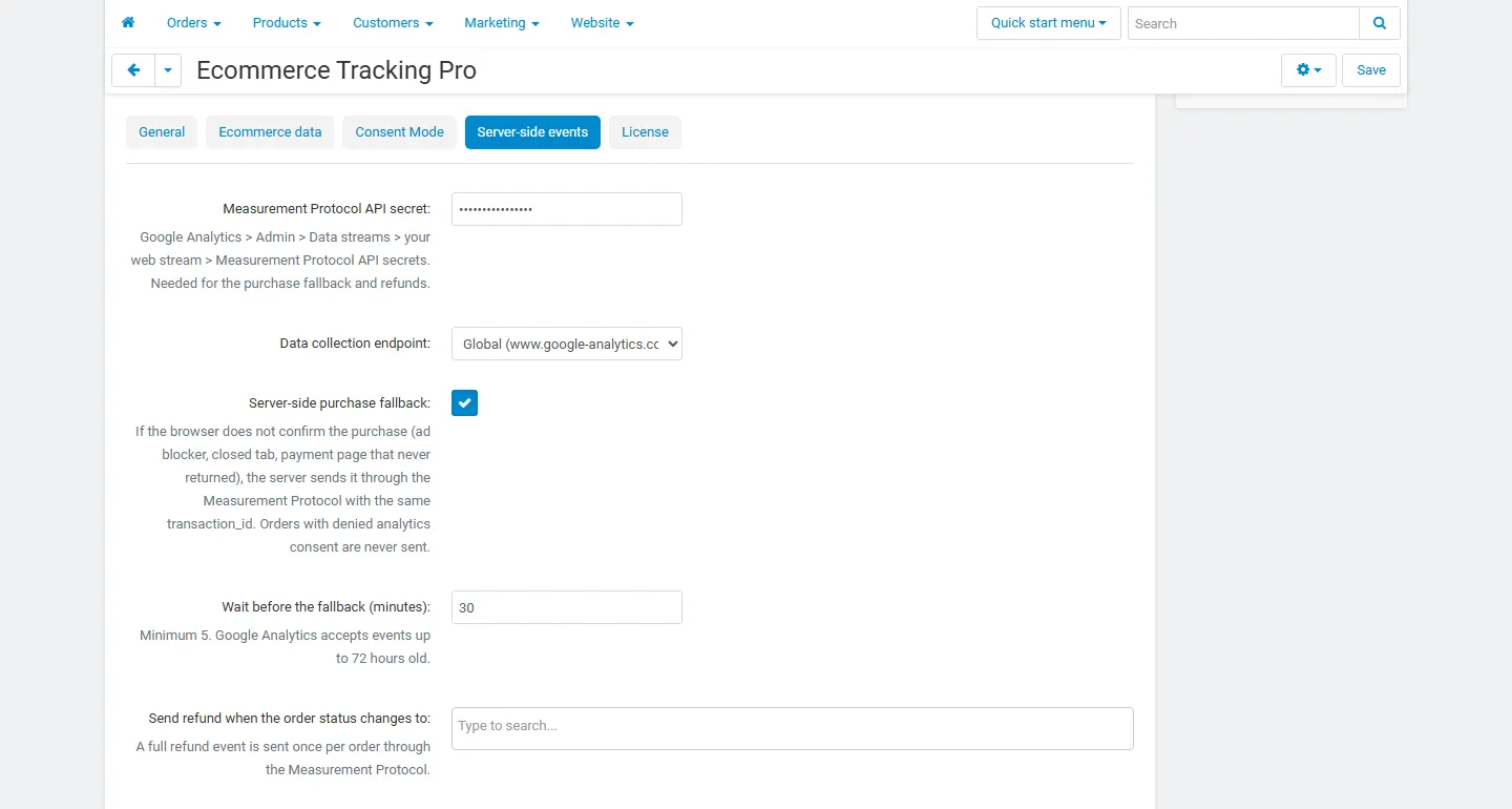 Settings, Server-side events tab: Measurement Protocol API secret, endpoint, server-side purchase fallback, delay and refund statuses.