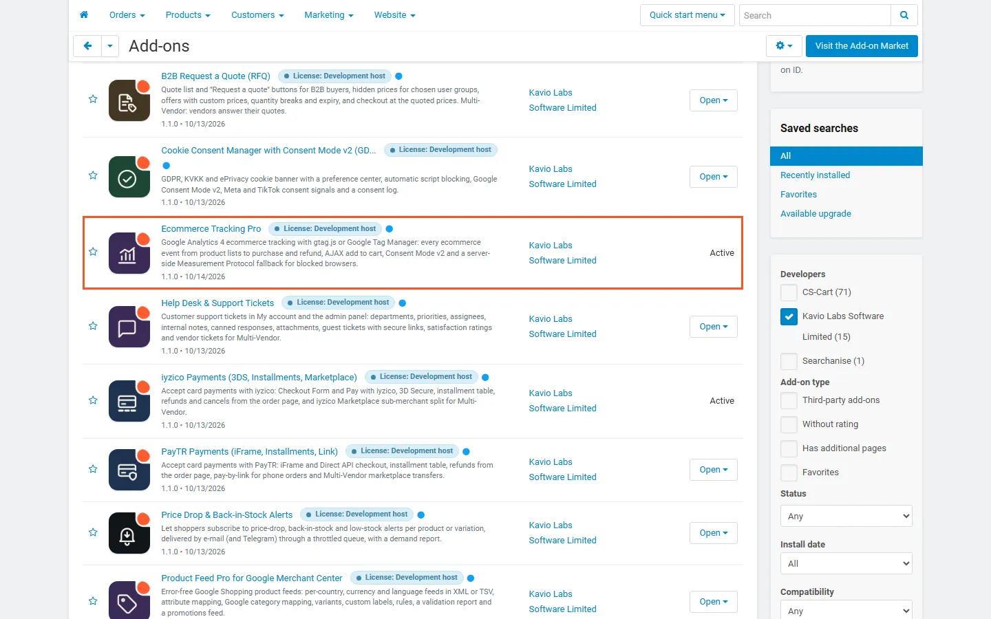 Admin, Downloaded add-ons filtered to Kavio Labs, with Ecommerce Tracking Pro highlighted and active.