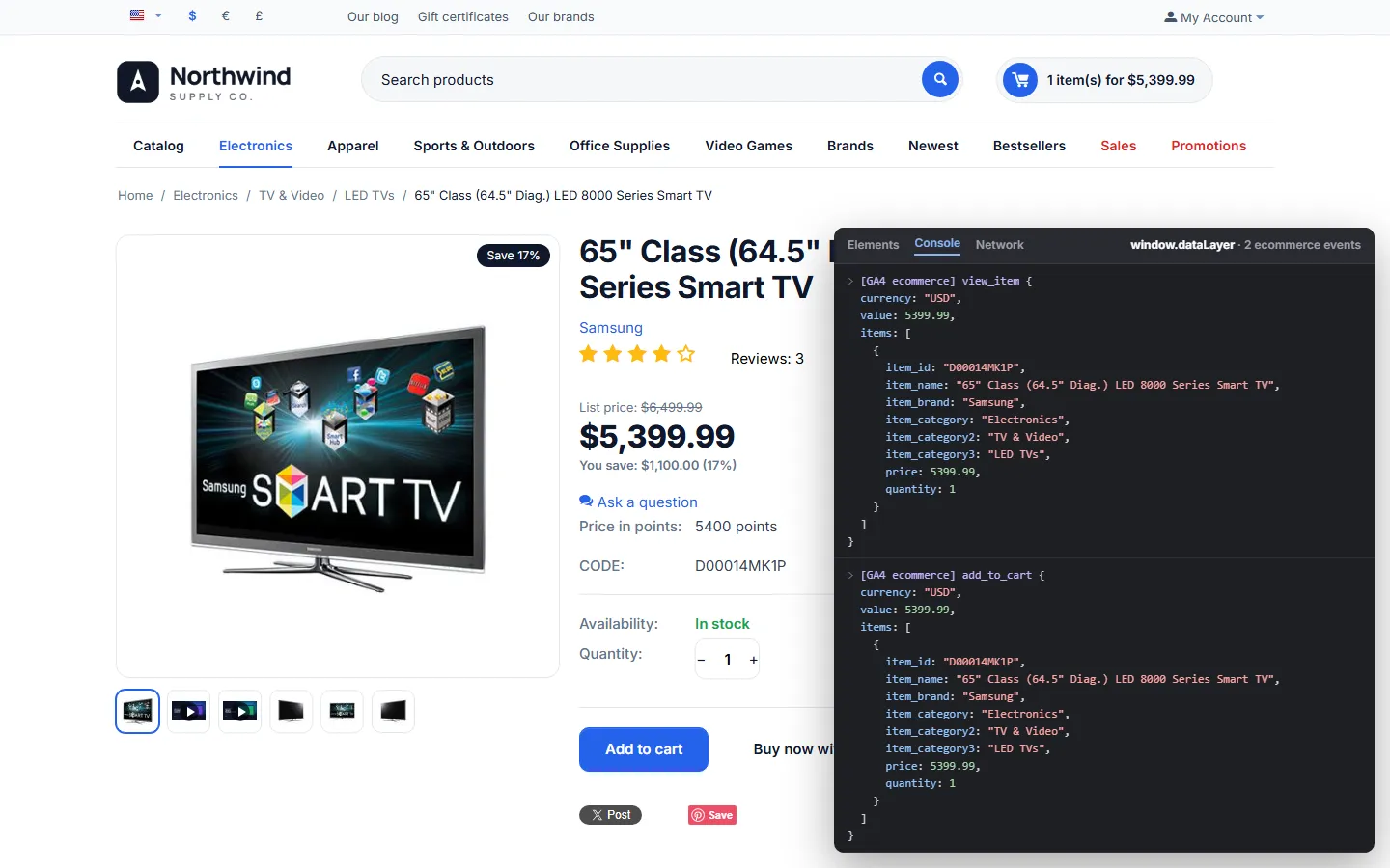 Debug view (illustration of the real data, overlay drawn for the screenshot): Full product page after Add to cart with the dataLayer overlay listing view_item and add_to_cart.