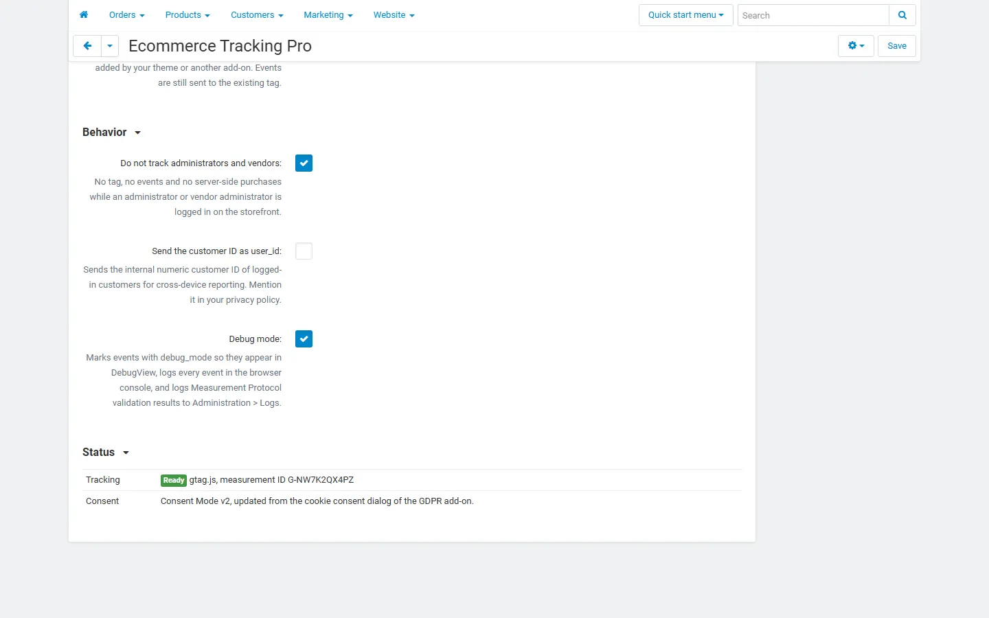 General tab, Behavior and Status: “Ready” with the tracking mode and Measurement ID, consent source (GDPR add-on cookie dialog).