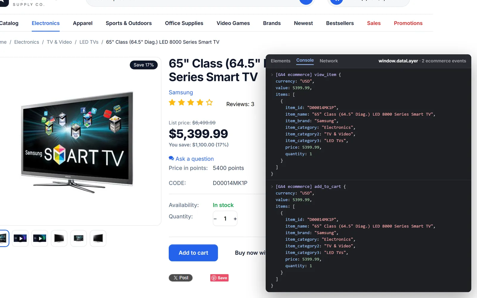 Debug view (illustration of the real data, overlay drawn for the screenshot): Product page with the dataLayer inspection overlay: view_item and add_to_cart with currency, value and full item data (brand, category path, SKU).