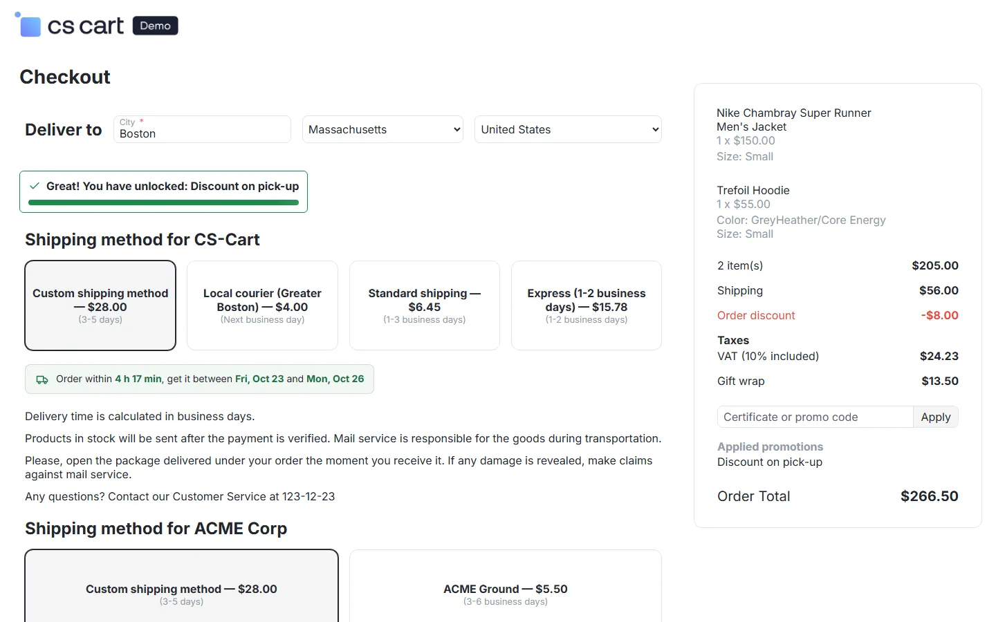 Order summary with the “Gift wrap $13.50” line and the new order total.