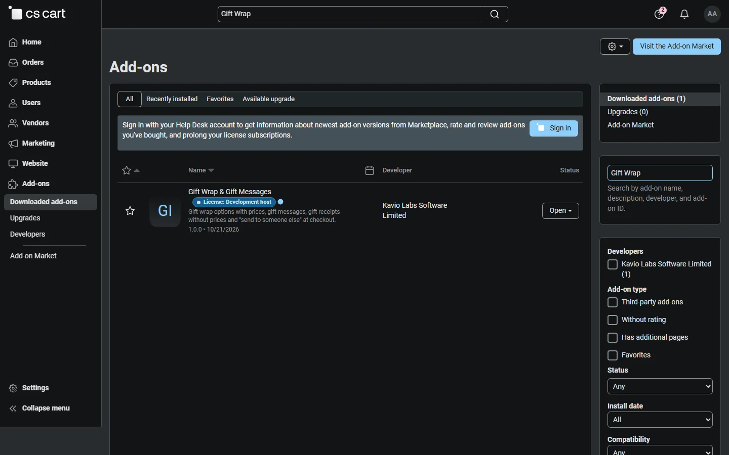 Add-ons list with the licence badge.