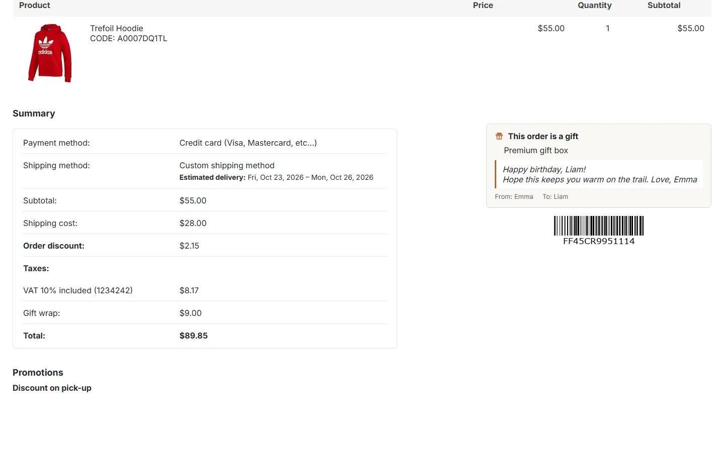 Customer order page: gift wrap line in the summary and the gift message card.