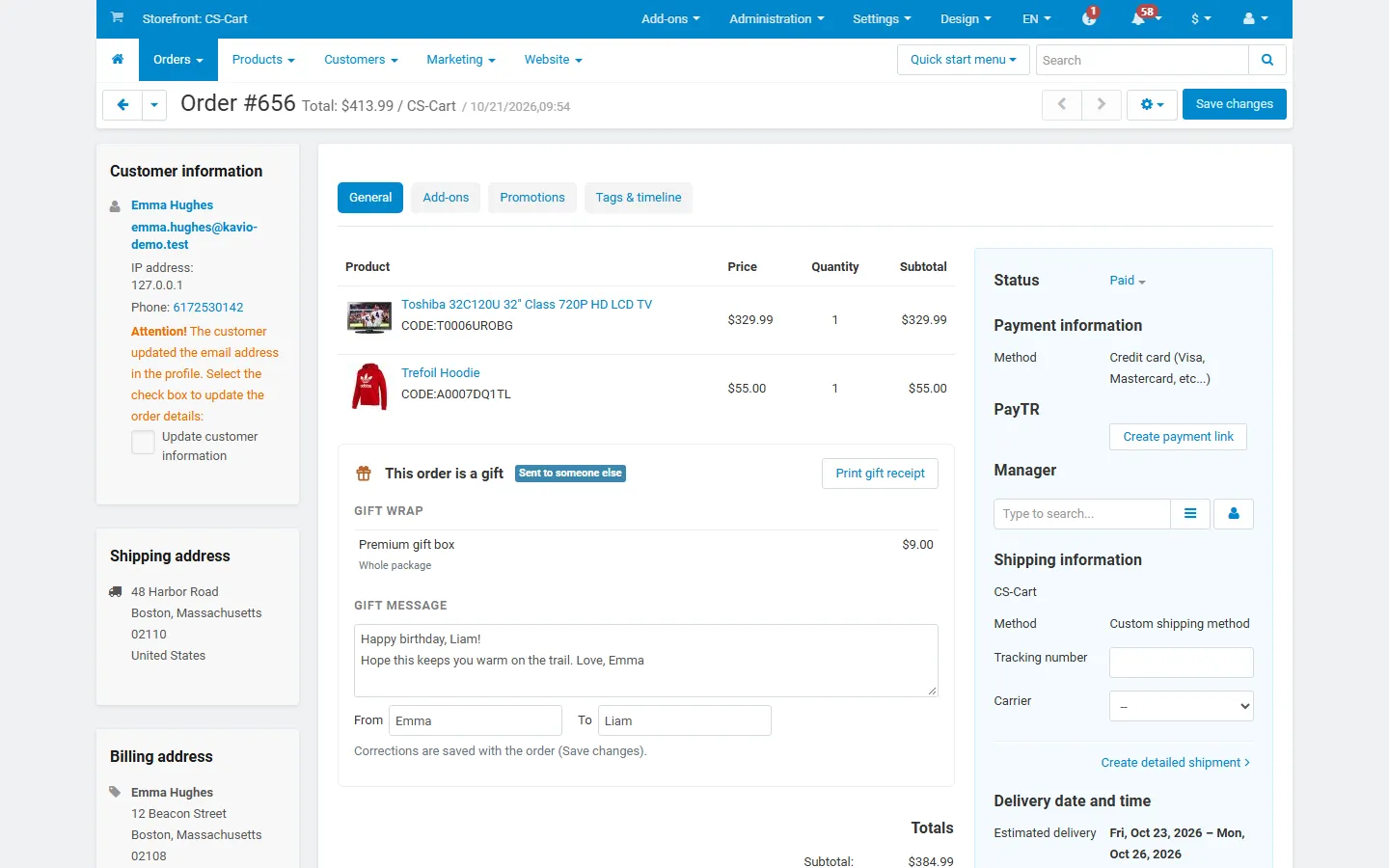 CS-Cart 4.17 admin order page with the gift panel.