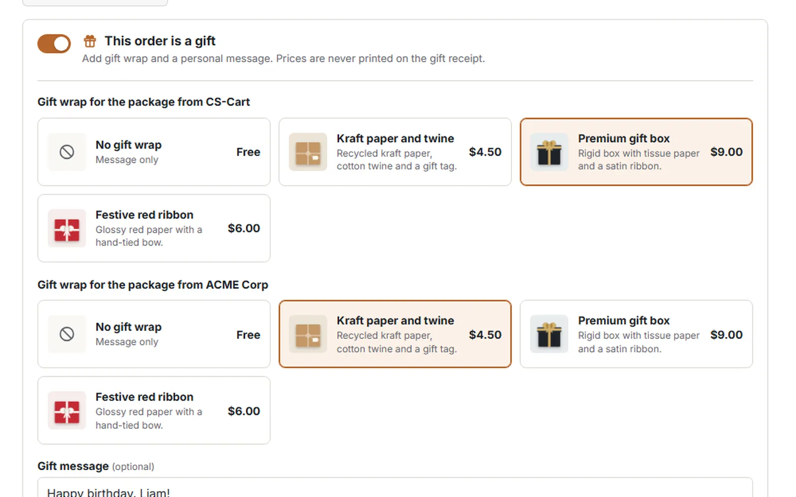 “This order is a gift” at checkout: gift wrap cards with pictures and prices per vendor package.