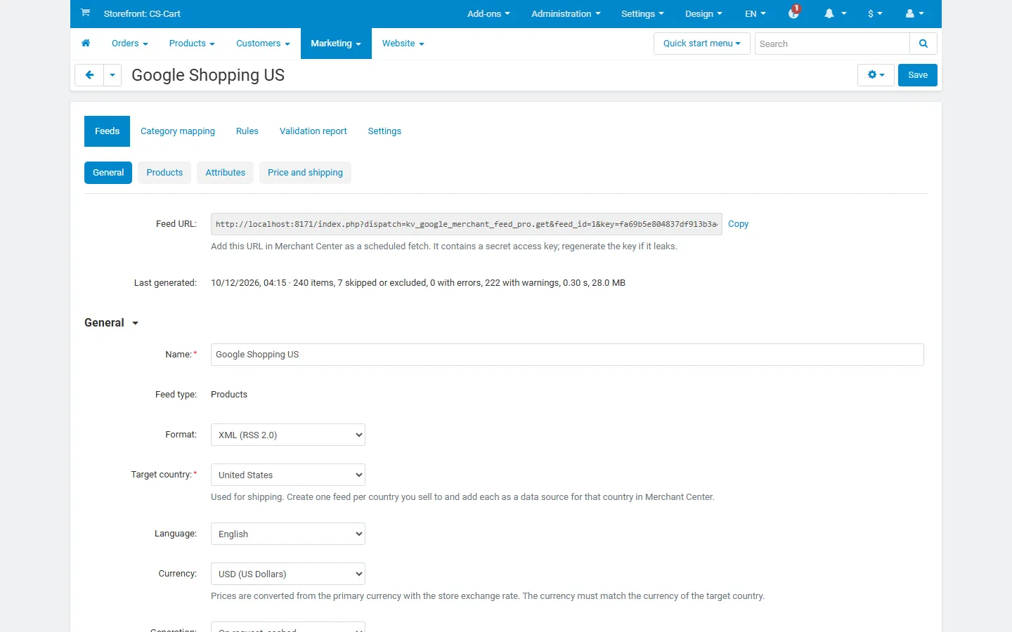 Feed editor, General: feed URL, last generation summary, name, format, target country, language and currency.