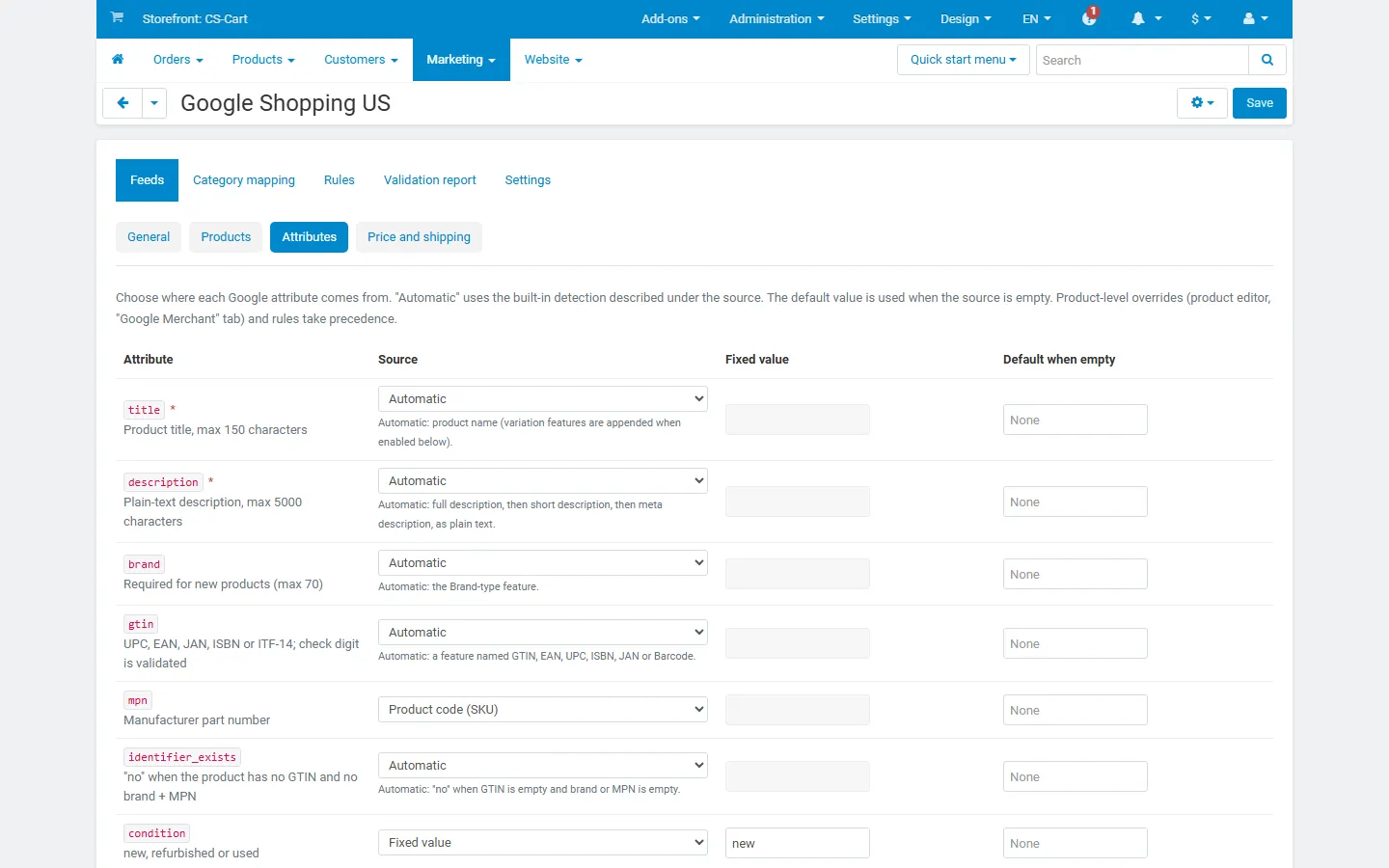 Attribute mapping: title, description, brand, GTIN, MPN, identifier_exists, condition and more.
