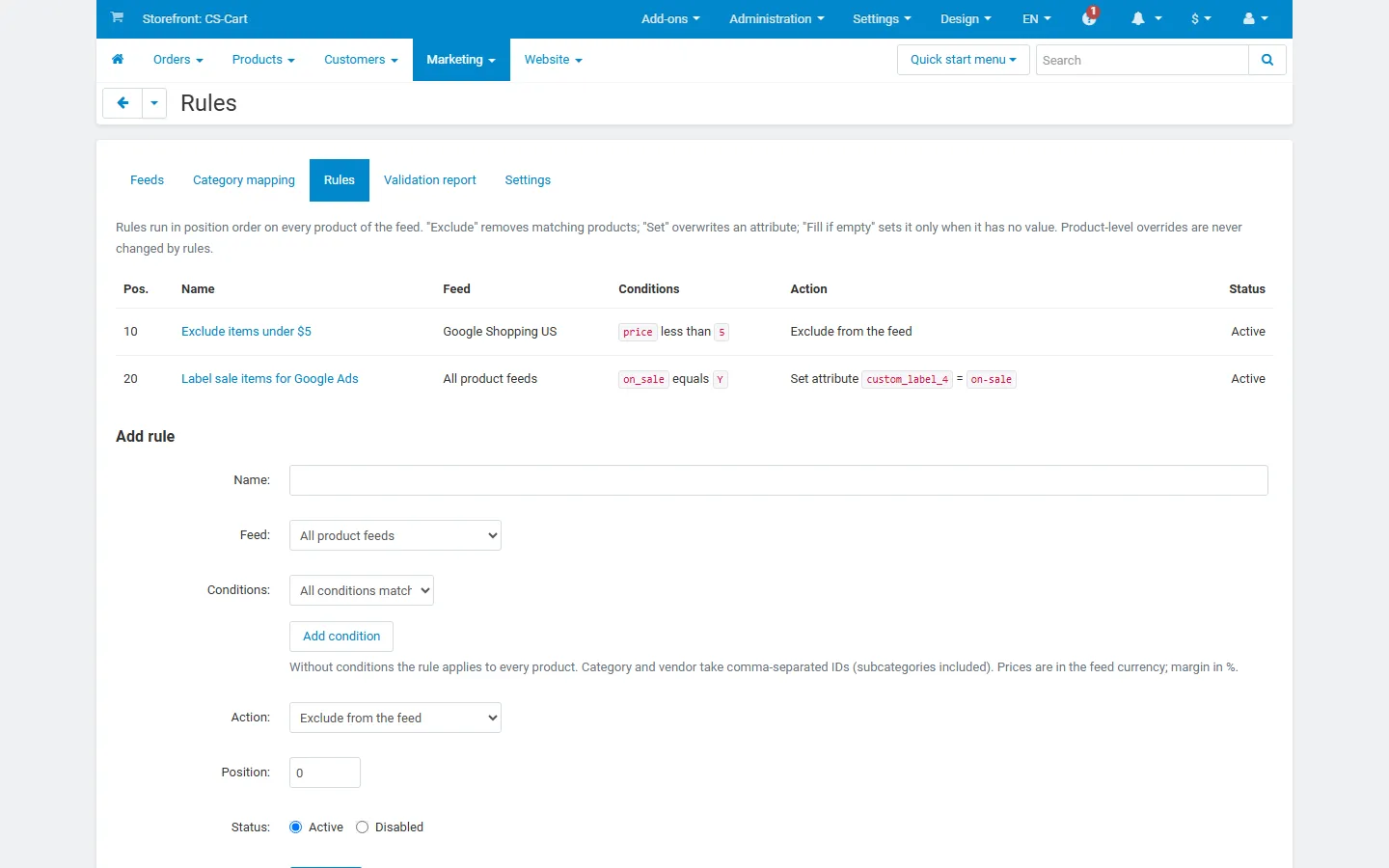 Rules: the two demo rules with feed, conditions and actions, and the Add rule form.