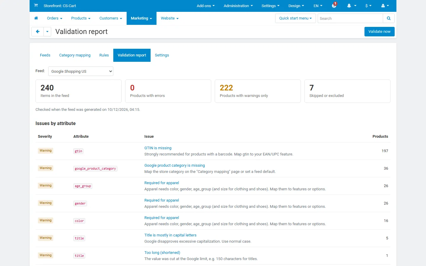 Validation report with the issue cards and the issues by attribute.