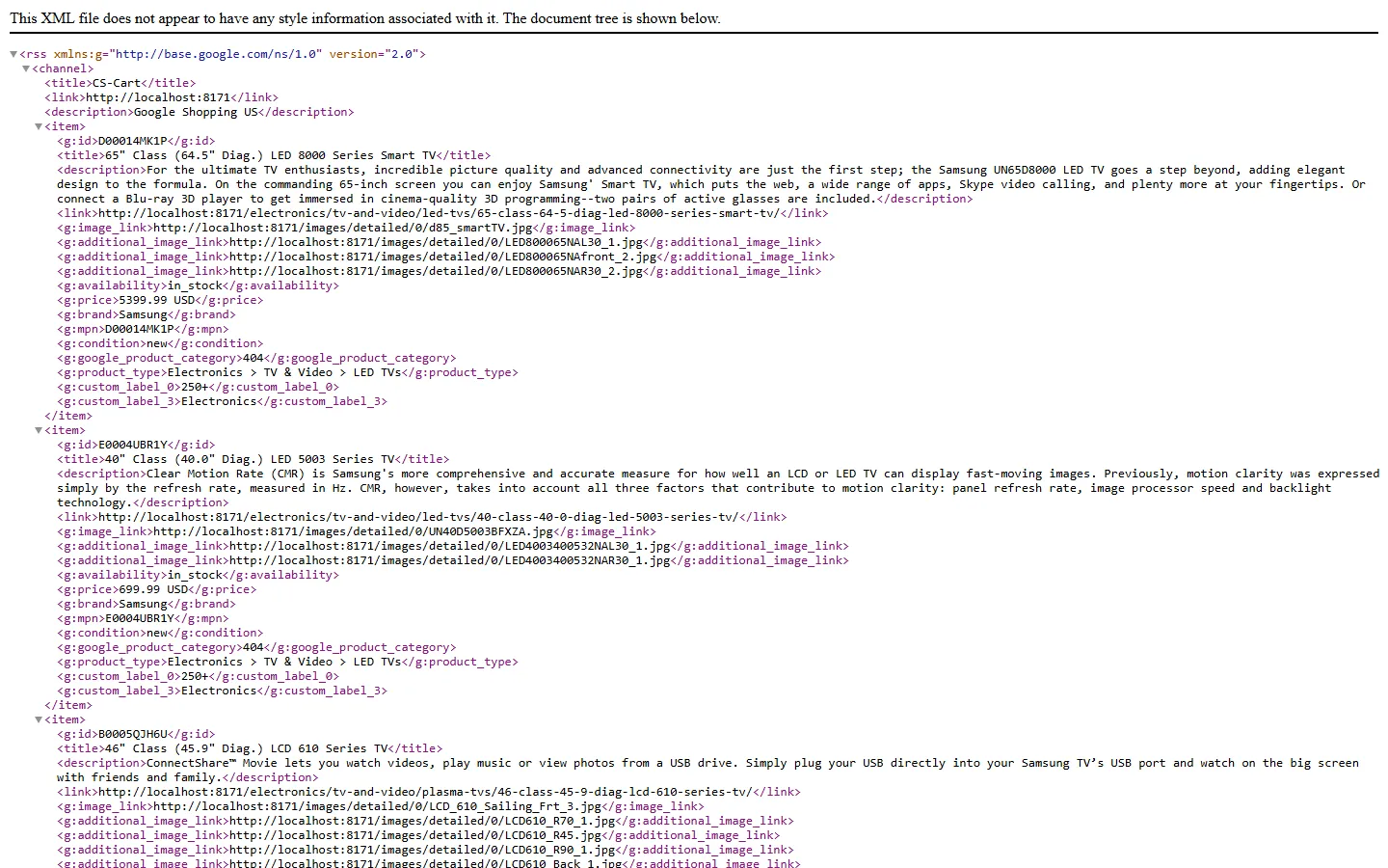 The generated XML feed (RSS 2.0, g: namespace) opened in the browser.