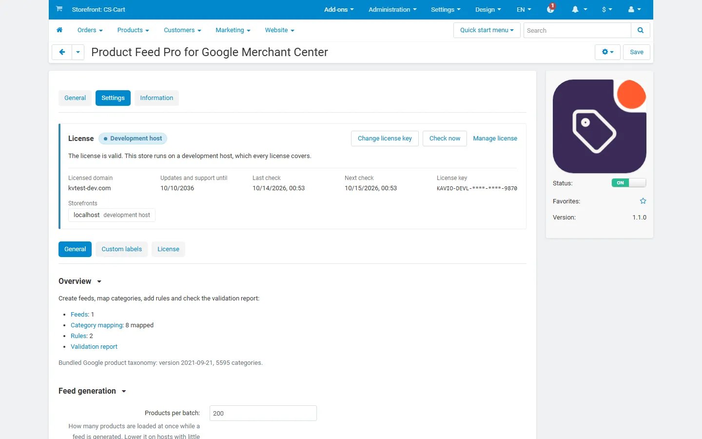 Add-on settings: overview (feeds, mapped categories, rules), products per batch and leave out items with errors.