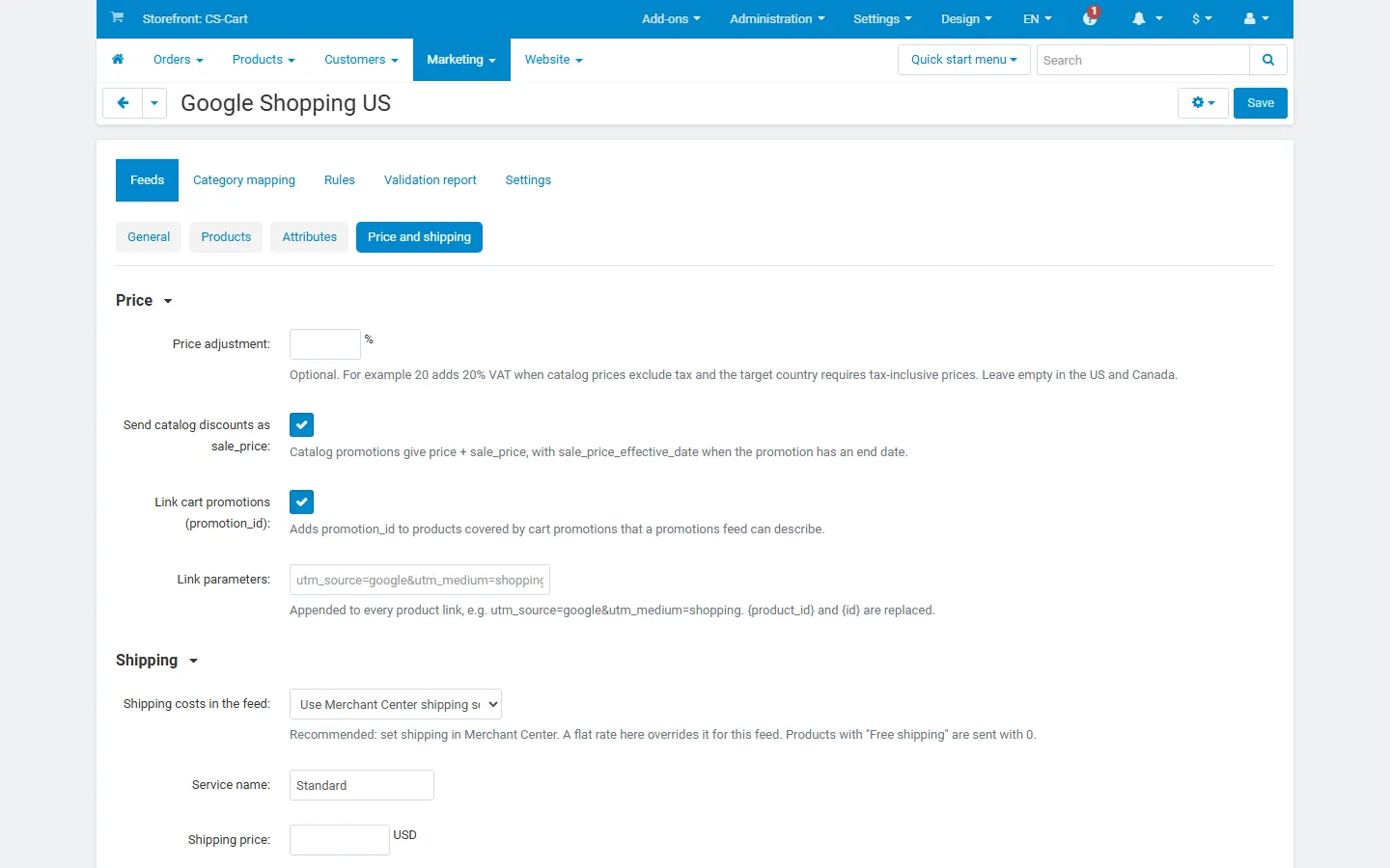 Feed editor, Price and shipping: price adjustment, sale price, promotion links, link parameters and shipping.