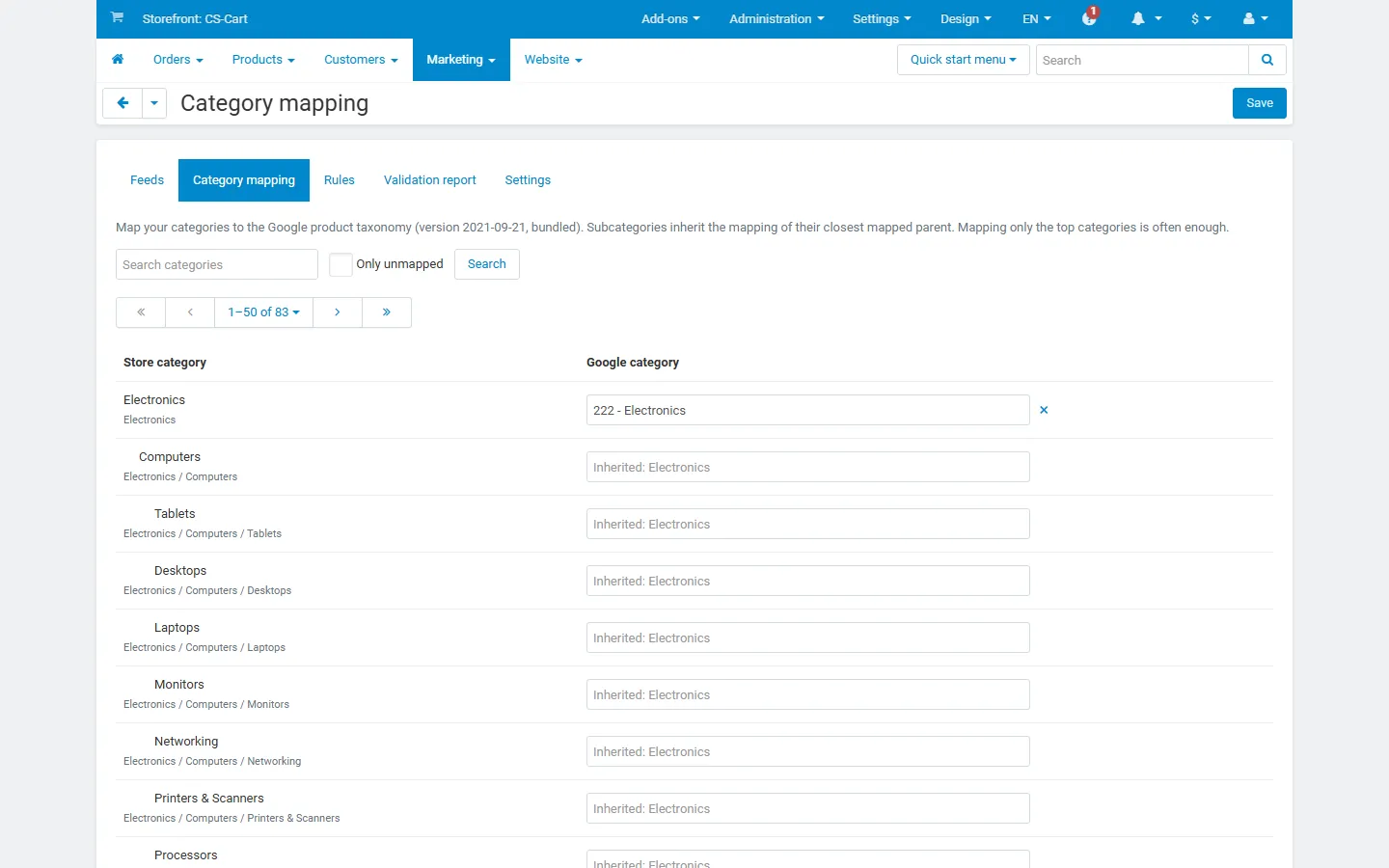 Category mapping: mapped top categories and the inherited mapping of their subcategories.