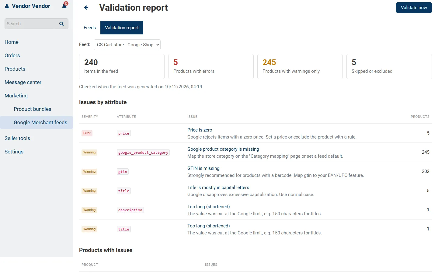 Multi-Vendor vendor panel: validation report of the vendor’s feed.