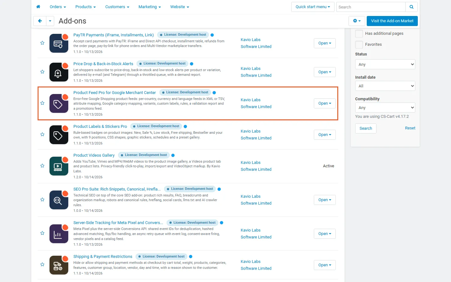 Admin, Downloaded add-ons filtered to Kavio Labs, with Product Feed Pro for Google Merchant Center highlighted and active (version 1.0.4).